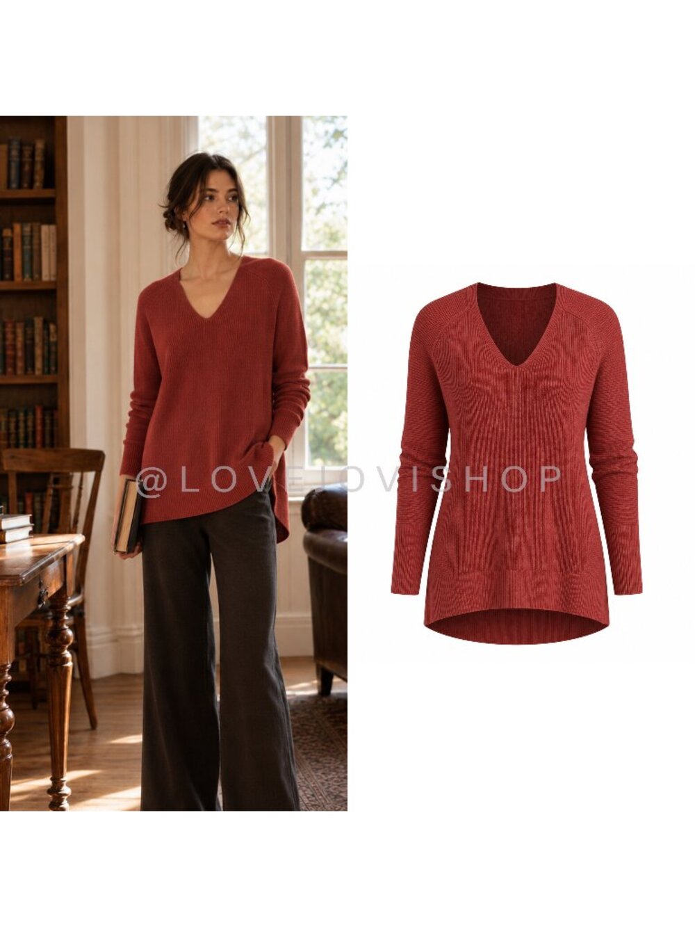 Sweater | Athleta Merino Wool V-Neck Sweater in Brick Red | Sz M